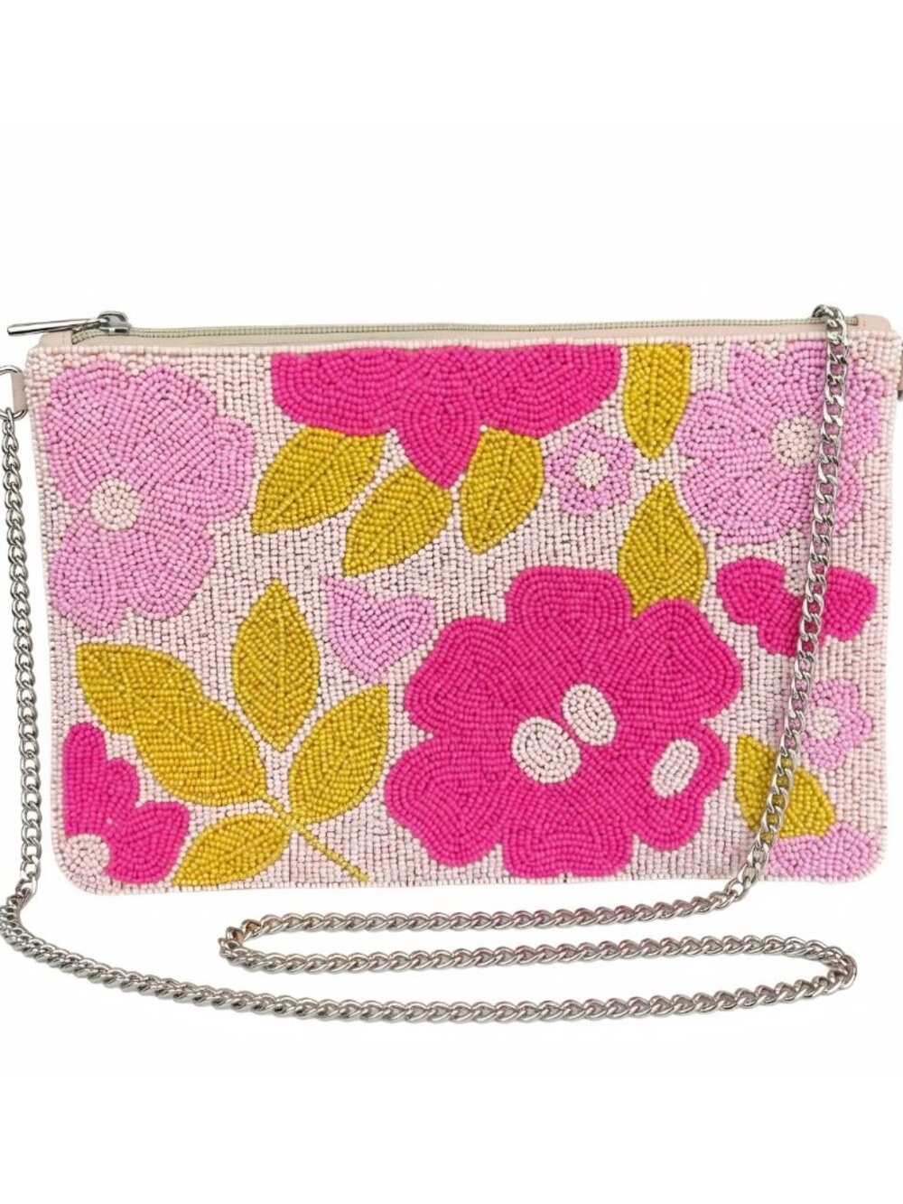 Seed Beaded Floral Pink Summer Large Clutch Crossbody Bag NEW Anthropologie